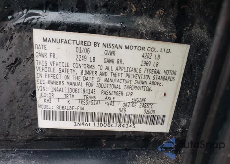 2006 Nissan Altima 2.5 S из США, поврежденный, VIN 1N4AL11D06C184145